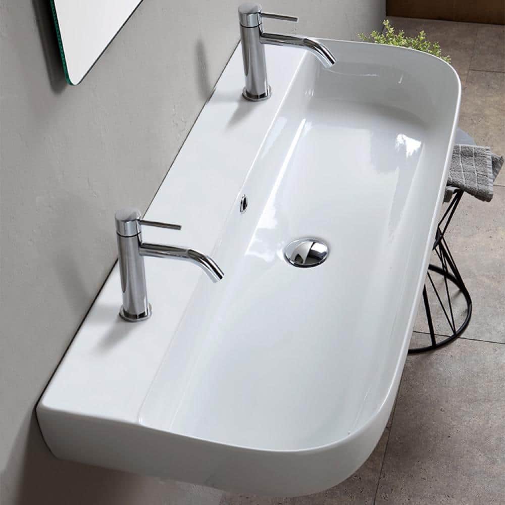 Glossy White Ceramic Wall-Mount Rectangular Bathroom Sink