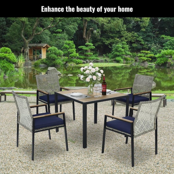 green patio furniture and navy umbrella MFSTUDIO 5 PCS Dining Set w/Umbrella(Navy Blue) simple and convenient Pure Garden 6.3-ft Steel Navy