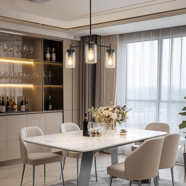 3-Light Matte Black Candelabra Chandelier with Clear Glass Shade and E26 Base for Dining Room or Foyer No Bulbs Included