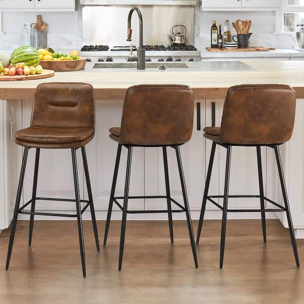 LUE BONA 30 in. Dark Brown Metal Frame Faux Leather Upholstered Bar Chairs Armless Bar Stools with Back and Footrest (Set of 3)