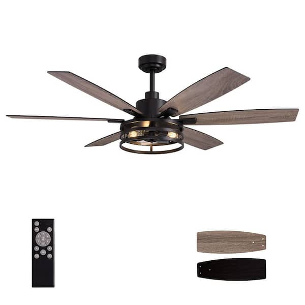 60 in. Indoor Matte Black Layered Caged Ceiling Fan with Light Kit, Reversible Blades and Remote Included