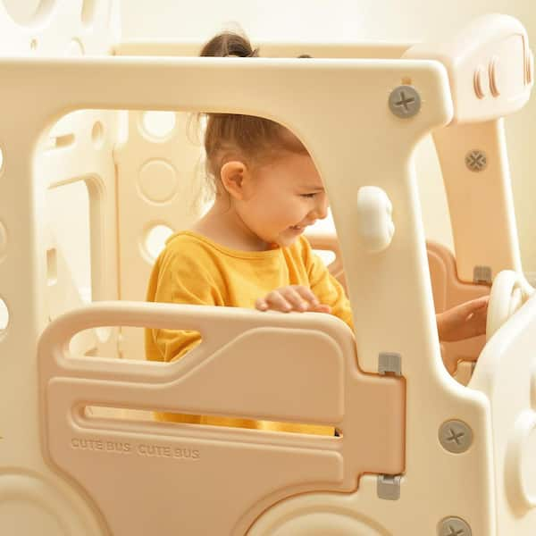 4-In-1 Beige 4.4 ft. Slide for Kids Toddler Climber Bus Slide Set