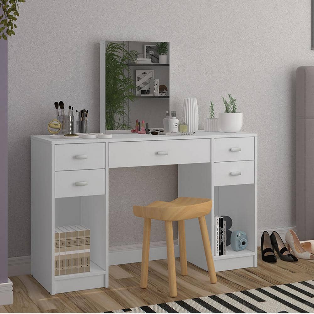 Christina Modern White Vanity Desk with Mirrored Center & Storage