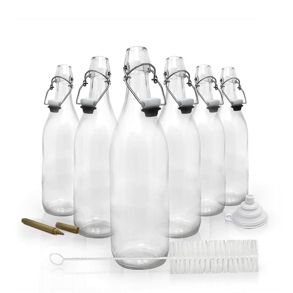 16 oz Clear Glass Beverage Bottles w/ Gold Metal Lugs Caps