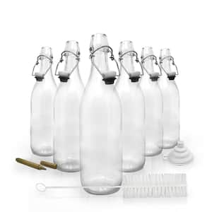 6 Pack 33 oz. Round Glass Bottles with Swing Top Stoppers, Bottle Brush, Funnel, and Gold Glass Marker