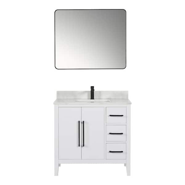 Altair Laurel 36 in. W x 22 in. D x 34 in. H Single Sink Bath Vanity in White with Calacatta White Quartz Top and Mirror