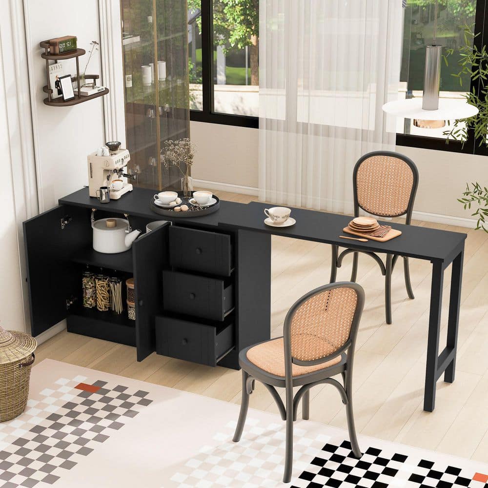 Black Wooden 89.7 in. Kitchen Island with Extendable Table, 2-Doors, 3-Drawers, and Adjustable Shelf