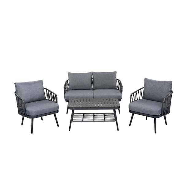 Sudzendf 4-Piece Black Metal Patio Conversation Set with Gray Cushions and Coffee Table