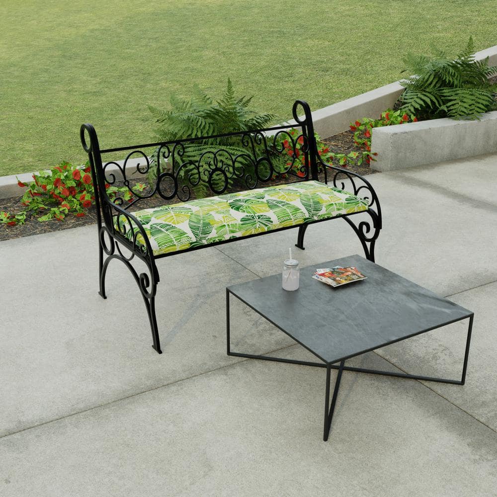 Hixon Palm Green Leaves Rectangular Outdoor Bench Cushion with Ties