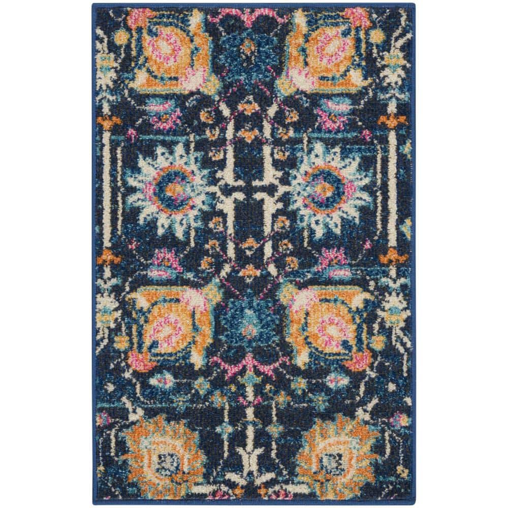Bohemian Bliss Navy Floral Hand-Knotted 2x3 Synthetic Rug