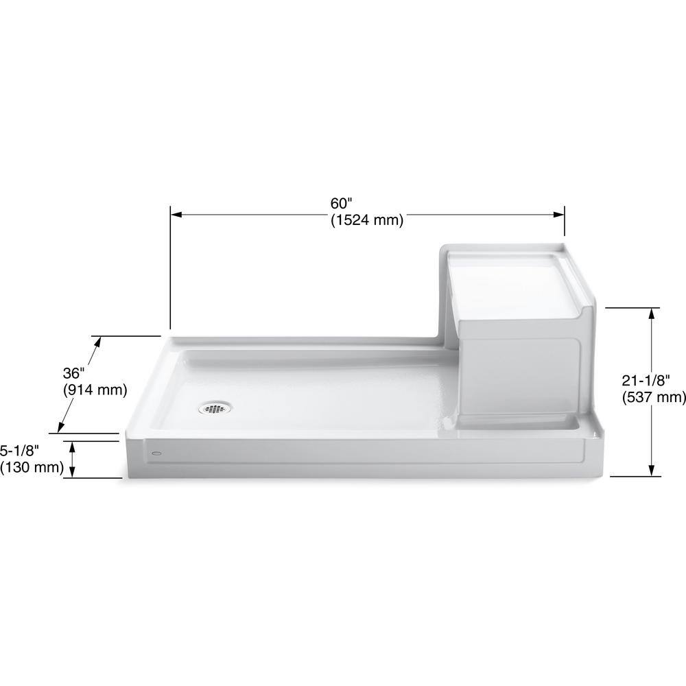Tresham 60" x 36" White Acrylic Shower Base with Integral Seat