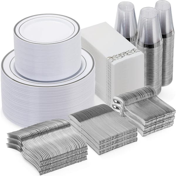700 Piece Silver Disposable Plastic Dinnerware Set with Plates, Cups, Napkins, and Flatware for 100 Use