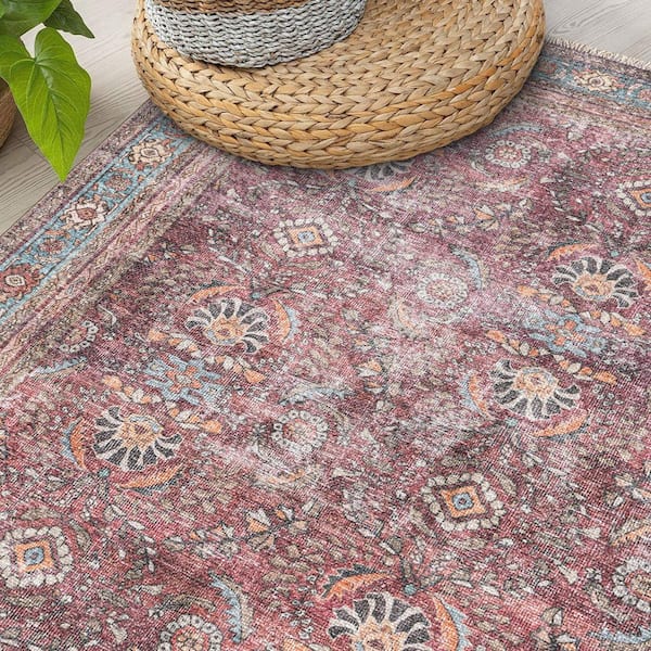 Distressed Vintage Bordered Machine Washable Multi 2 ft. 6 in. x 7 ft. Runner Rug