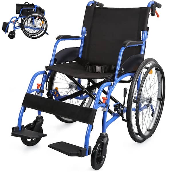 Folding Manual Wheelchair with Lightweight Aluminum Frame, Dual Brakes, Breathable Mesh Seat & Anti-Tip Safety, Blue