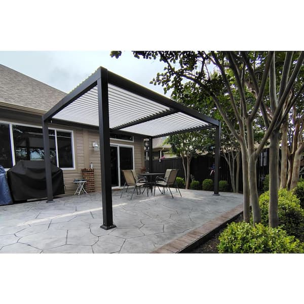 10.2 ft. x 12.3 ft. Gray Aluminum Outdoor Louvered Pergola with 2-White Individual Adjustable Roofs and In-Built Gutter