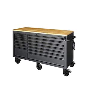 Tool Storage 62 in. W Heavy Duty Matte Black Mobile Workbench Cabinet with Adjustable Height Wood Top