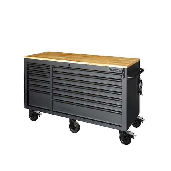 Husky Tool Storage 62 in. W Heavy Duty Matte Black Mobile Workbench Cabinet with Adjustable Height Wood Top