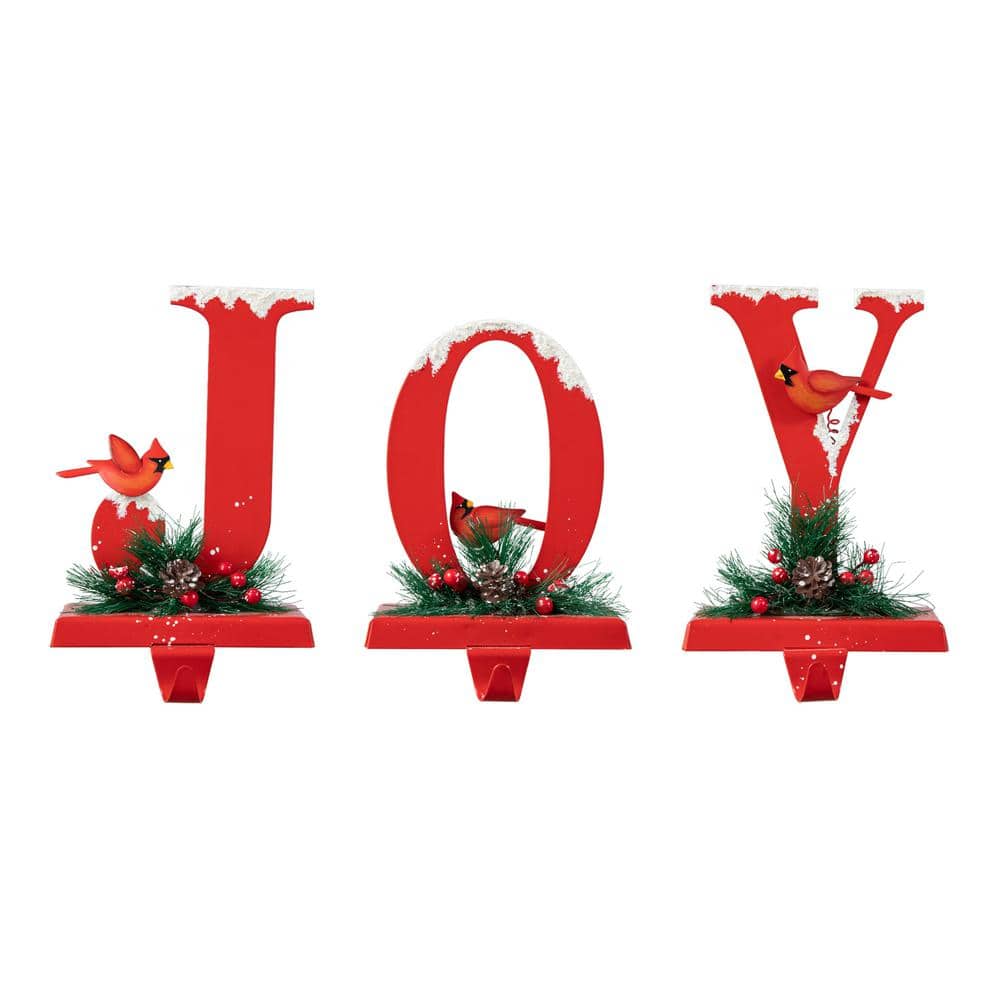 Red Metal JOY Christmas Stocking Holders with Cardinals