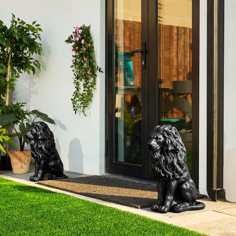 Glitzhome 20.75 in. H MGO Black Sitting Lion Garden Statue (Set of