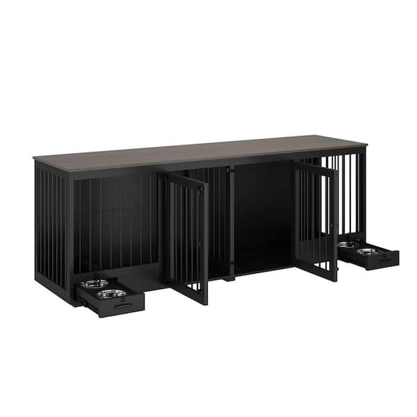 FUFU&GAGA Black Large Dog Crate with Dog Feeding Area, Indoor Furniture Style Dog Crate with Removable Irons for 2 Medium Dogs