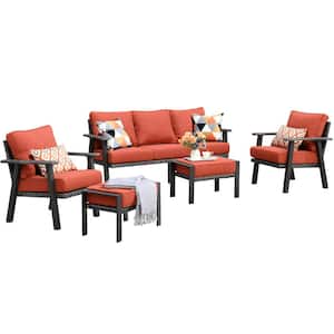 Walden Grey 5-Piece Wicker Metal Outdoor Patio Conversation Sofa Seating Set with Orange Red Cushions