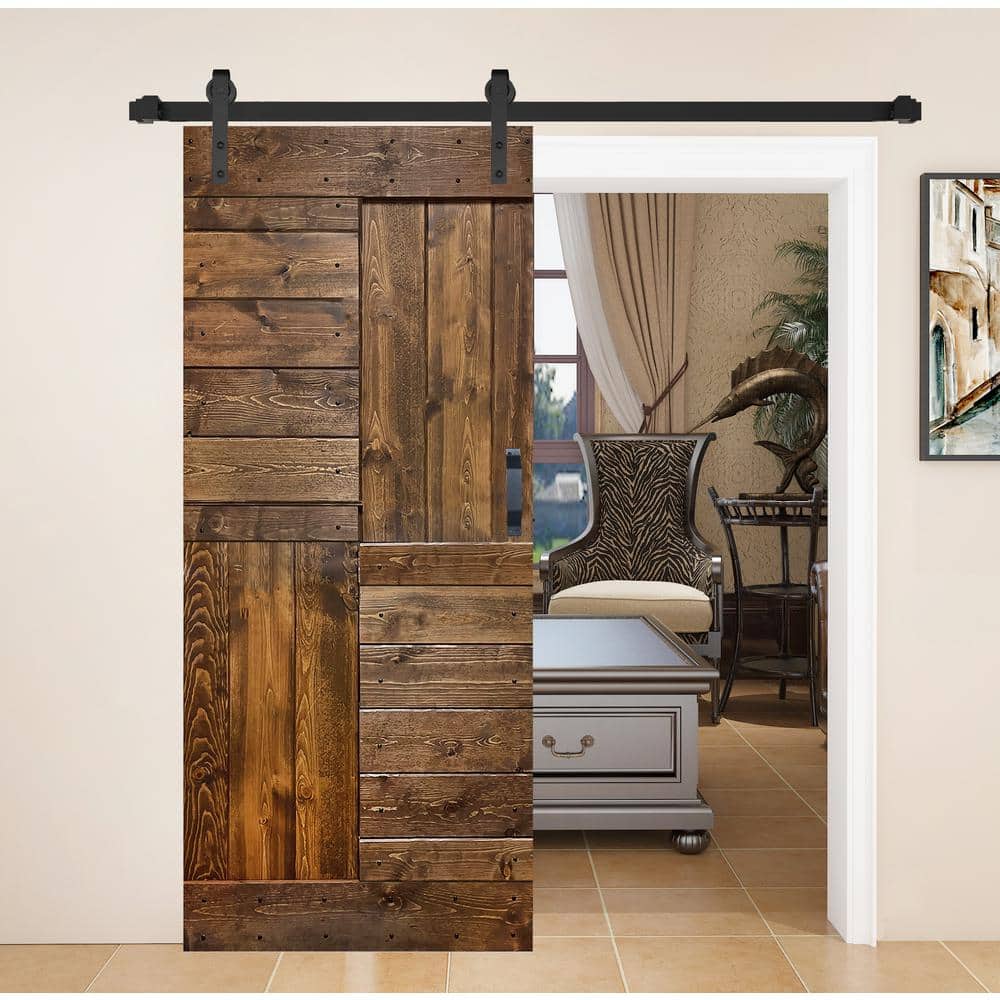 Dark Walnut Solid Wood Sliding Barn Door Kit with Matte Black Hardware