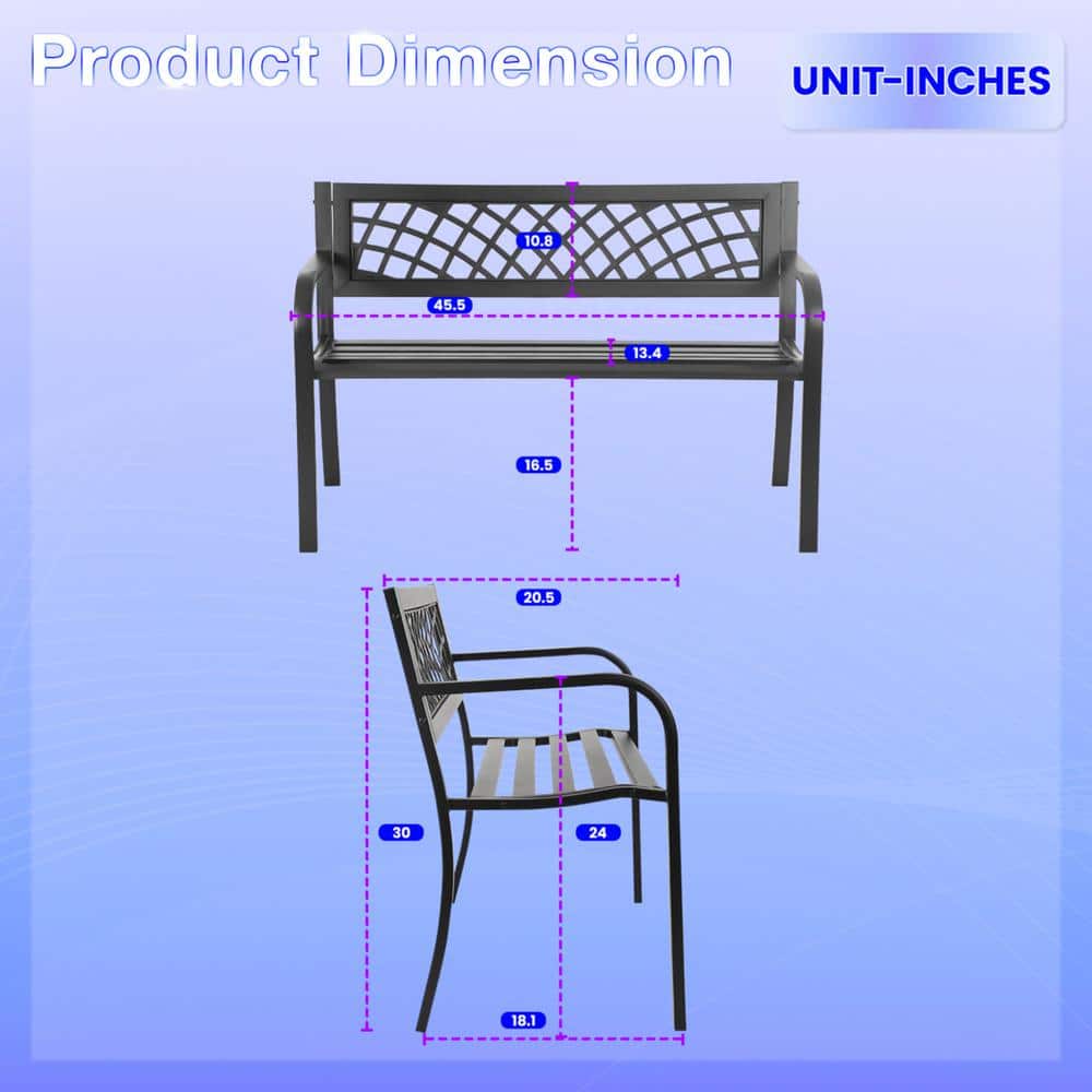 Misty Black Steel Outdoor Bench with Ergonomic Armrests