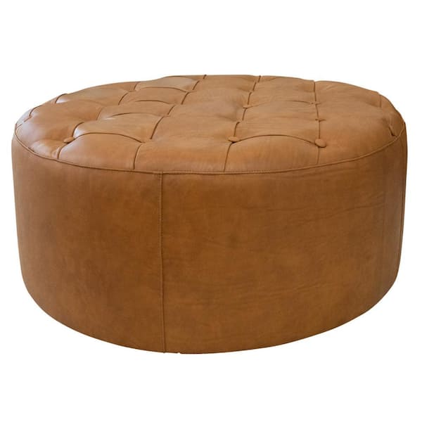 Ashcroft Furniture Co Tate Round Genuine Leather Ottoman in Tan
