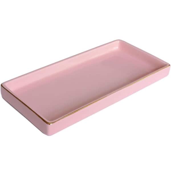 Pink Ceramic Vanity Tray for Countertop and Dresser Organization