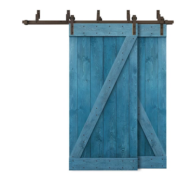 CALHOME 60 in. x 84 in. Z Bar Bypass Ocean Blue Stained Solid Pine Wood Interior Double Sliding Barn Door with Hardware Kit