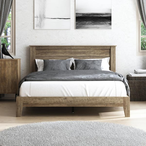 GALANO Tiena Lencia Knotty Oak Brown Wood Frame Queen Platform Bed with Headboard
