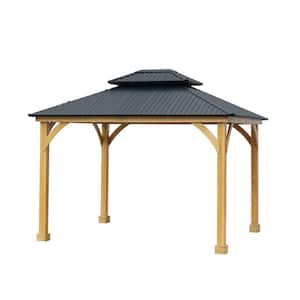 12 ft. x 10 ft. Outdoor Patio Brown Wooden Frame Gazebo with 2-Tier Black Hardtop Roof