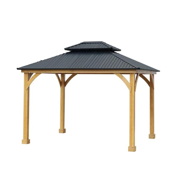 Aoodor 12 ft. x 10 ft. Outdoor Patio Brown Wooden Frame Gazebo with 2-Tier Black Hardtop Roof