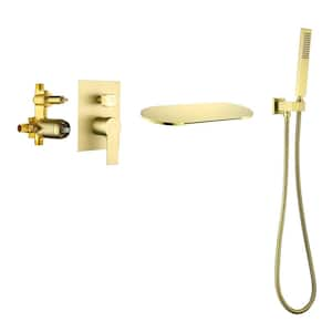 Single-Handle Wall Mount Roman Tub Faucet with Hand Shower and Waterfall in Brushed Gold