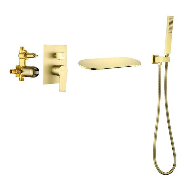 Unbranded Single-Handle Wall Mount Roman Tub Faucet with Hand Shower and Waterfall in Brushed Gold