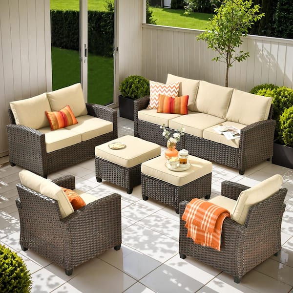 Toject Palermo Brown 6-Piece Modern Wicker Modular Outdoor Patio Conversation Sofa Seating Set with Beige Cushions
