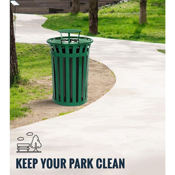 38 Gal. Green Outdoor Metal Slatted Commercial Trash Can Receptacle with Rain Bonnet Lid (2-Pack)