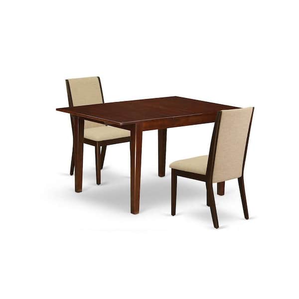 East West Furniture 3-Piece Mahogany Finish Rectangular Solid Wood Top with Butterfly Leaf Dining Table Set