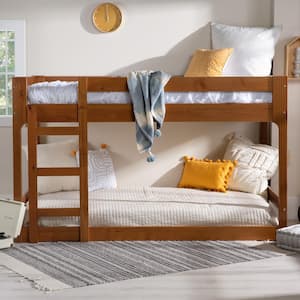 Caramel Solid Wood Twin Over Twin Bunk Bed with Integrated Ladder