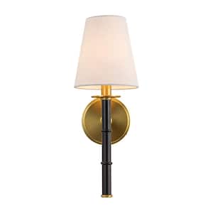 Bamknot 5.9 in. W 1-Light Aged Brass Gold and Stain Black Vanity Light Wall Sconce with Fabric Shade