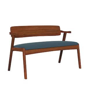 Richman 30 in. H Cherry Mid Century Modern Wood Dining Bench with Back/Arms and Upholstered Seat in Blue Fabric