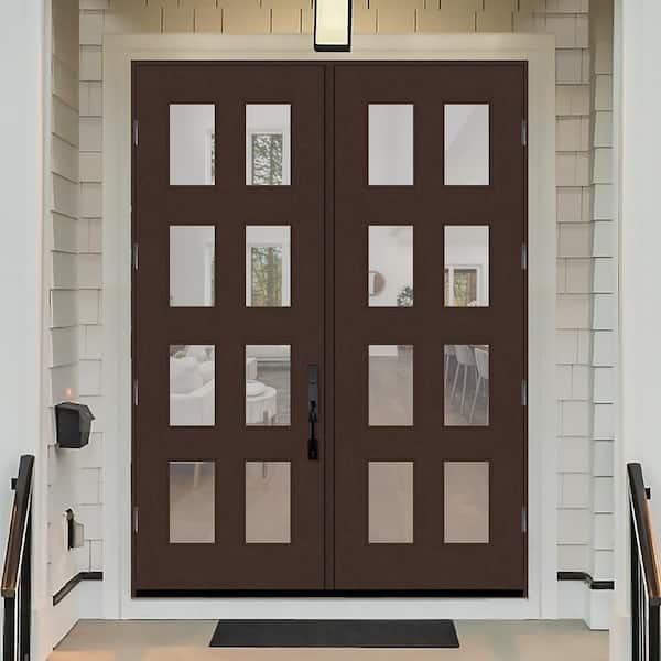 Regency 72 in. x 96 in. 8L Modern Clear Glass LHIS Chestnut Stained Fiberglass Double Prehung Front Door w/ 6 in. Jamb