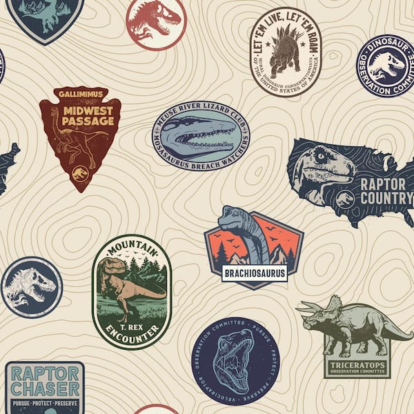 RoomMates Jurassic World Badges Multicolor Vinyl Peel and Stick Matte Wallpaper 28.18 sq. ft.