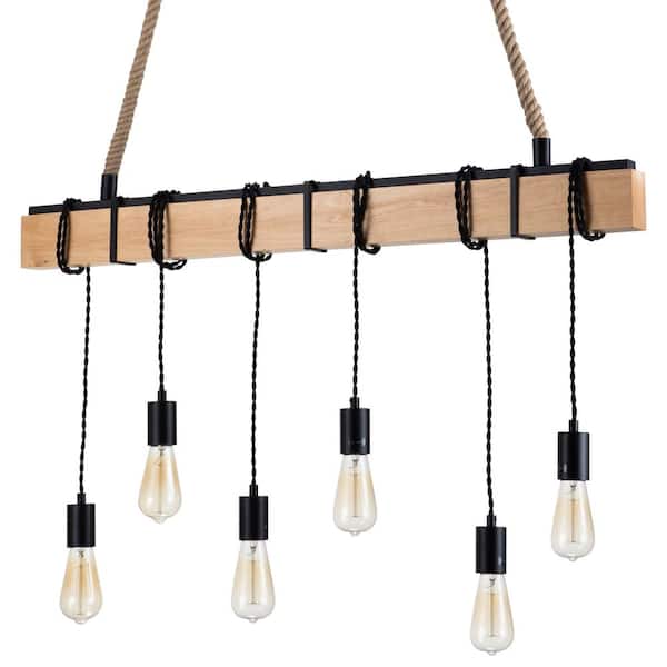 C Cattleya 39.5 in. 6-Light Black Modern Farmhouse Linear Island Chandelier with Solid Wood Construction