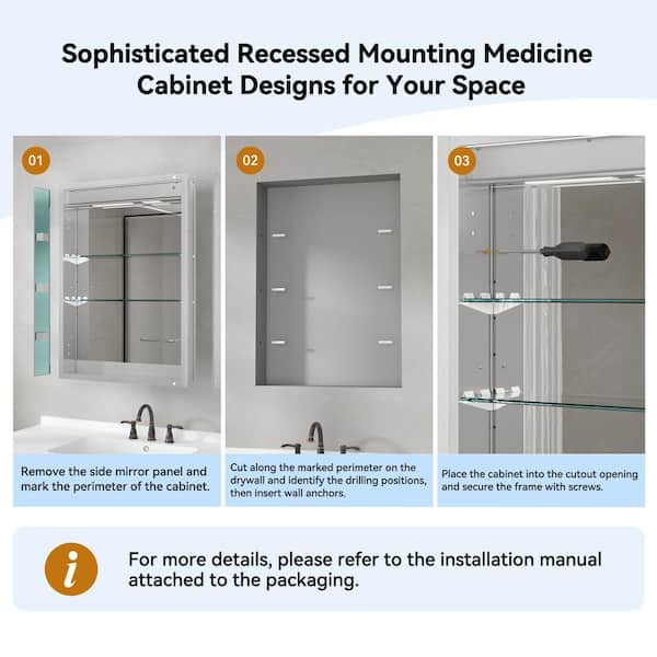 Simple Project 20 in. W x 28 in. H Rectangular Aluminum Light Medicine Cabinet with Mirror, Defogging, Mounted Recessed or Surface