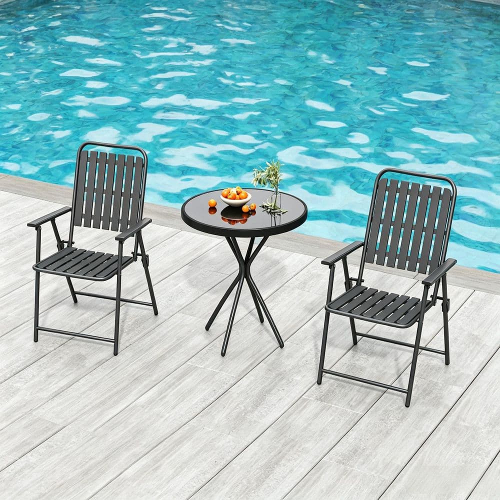 3-Piece Metal Outdoor Chat Set Outdoor Bistro Set Patio Side Table and Foldable Chair in Black price history on PriceWatchPro