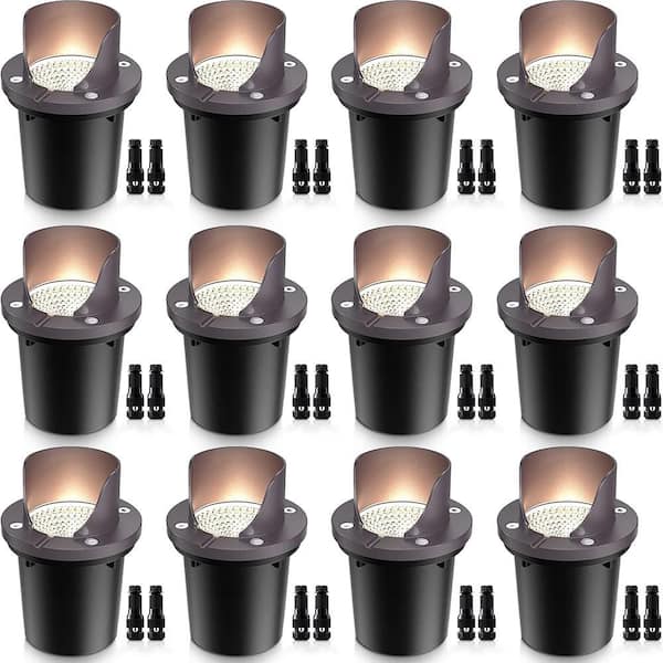 12W 12V Black LED Ground Shielded Well Light, Warm White Waterproof with Connectors(12-Pack)