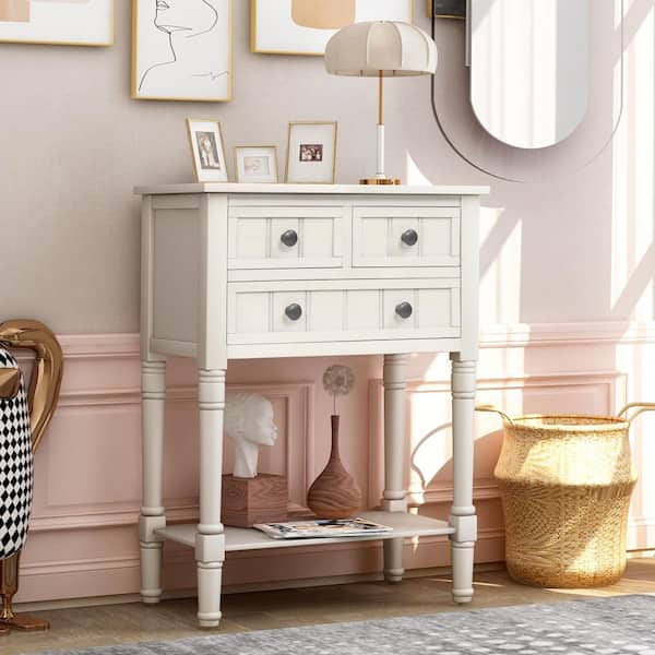 Polibi 23.7 in. Ivory White Rectangle Wood Console Table with Three Storage Drawers and Bottom Shelf Ivory White