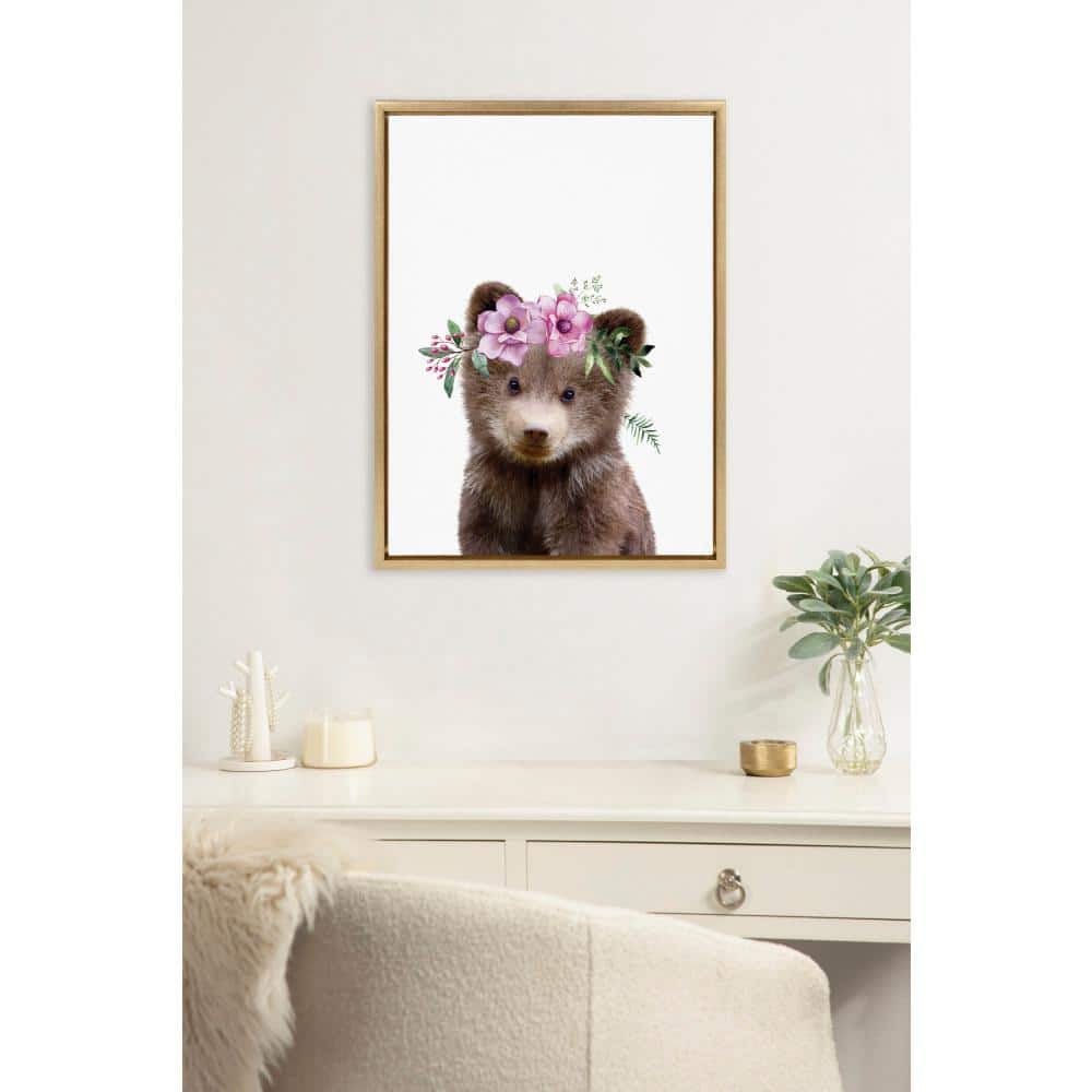Bright Gold Framed Canvas Print of Flower Crown Bear for Nursery