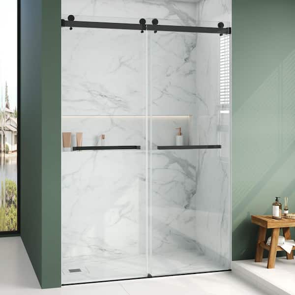 48 in. W x 76 in. H Double Sliding Frameless Shower Door in Matte Black with Smooth Sliding and 5/16 in. (8mm) Glass